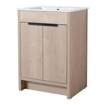 Meuble-lavabo de 24 po autoportant avec portes à fermeture en douceur, chêne, contreplaqué, tablettes réglables pour une organisation gracieuse