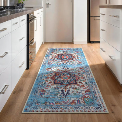 GLN Traditional Collection - Machine Washable Area Rug, Non Slip, Low Pile Chenille Living Room, Bedroom, Kitchen Rug (Blue)