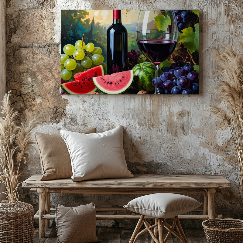 «Summer Harvest Still Life Canvascolorful Fruit and Wine Celebration», art sur toile, H 30 po x l 30 po
