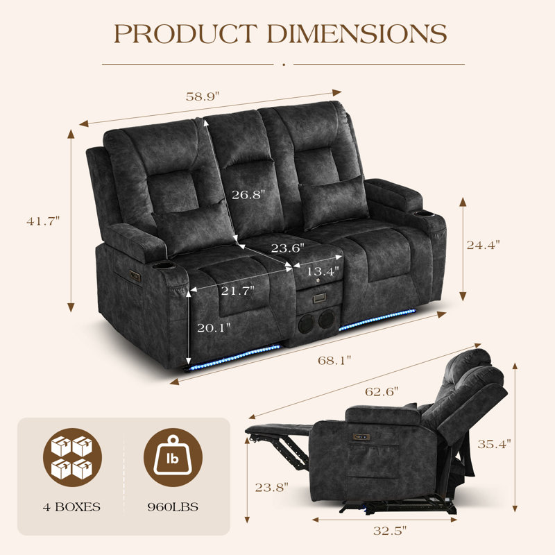 Causeuse inclinable électrique Zero Wall Hugger avec console rabattable, lumières DEL et haut-parleurs Bluetooth, Gris