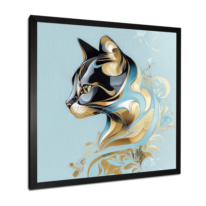 «Playful Glam Geode Cat I», reproduction sur toile, 16" H x 16" W, Reproduction encadrée, Noir