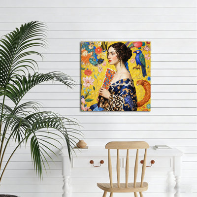 Portrait rétro avec perroquets et fleurs, art mural sans cadre, 16 x 16