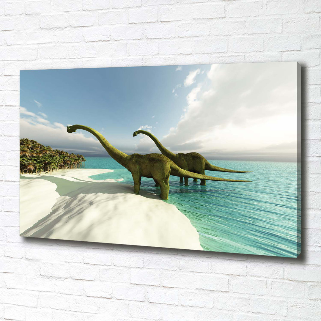 Leinwanddruck - Wandkunst - Drucke auf Leinwand - 100X70 Bildmotiv: Dinosaurier auf Leinwand Der Strand