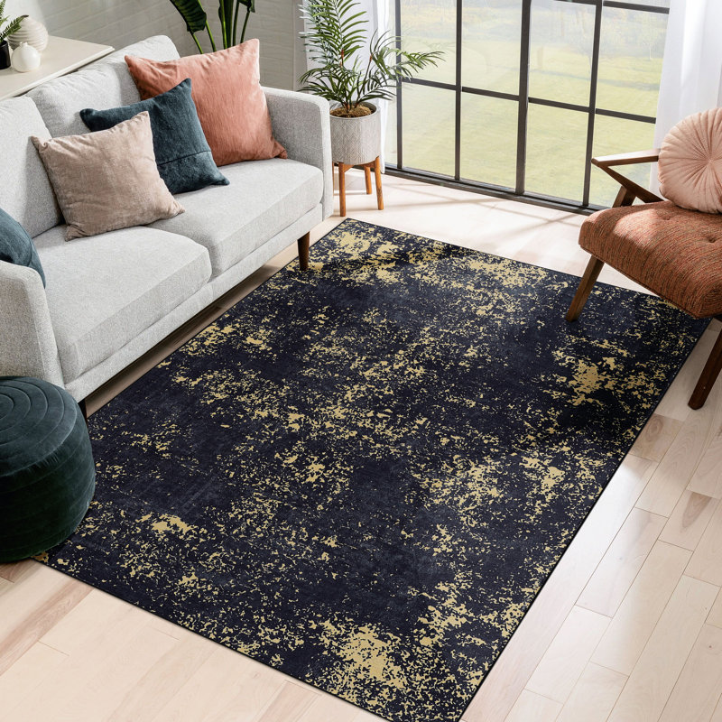 Non-Slip 3X5 Area Rug, Washable, Non-Shedding, Low-Pile, Ideal For Bedroom, Study, Kitchen, Dining Room. Black & Gold Washable Backing, Hallway, +