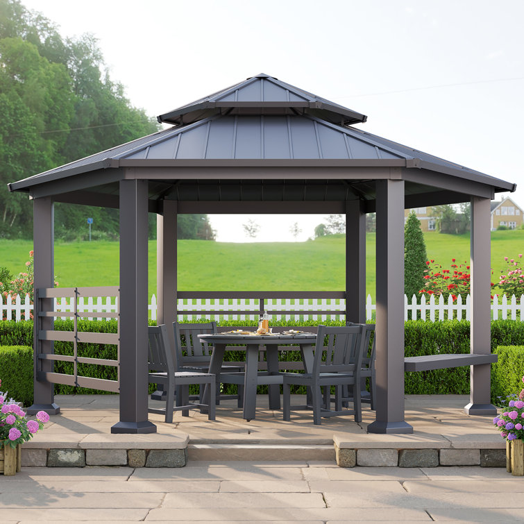 Classic 13x15 FT Aluminum Alloy Hexagon Gazebo With Dual Rails, Ceiling Hook & Bench
