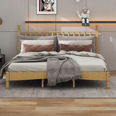 Wood Platform Bed With Gourd Shaped Headboard, Wooden Slat Support, Retro Style Platform Bed,