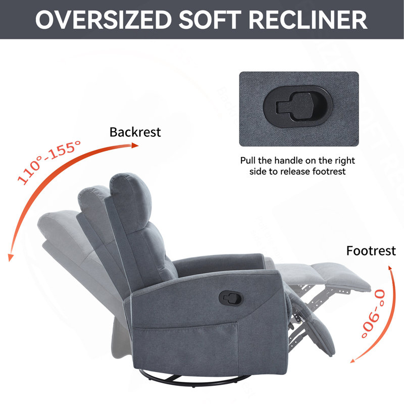 Manual Recliner Chair With Rocker And Swivel In Fabric For Living Room, Gray