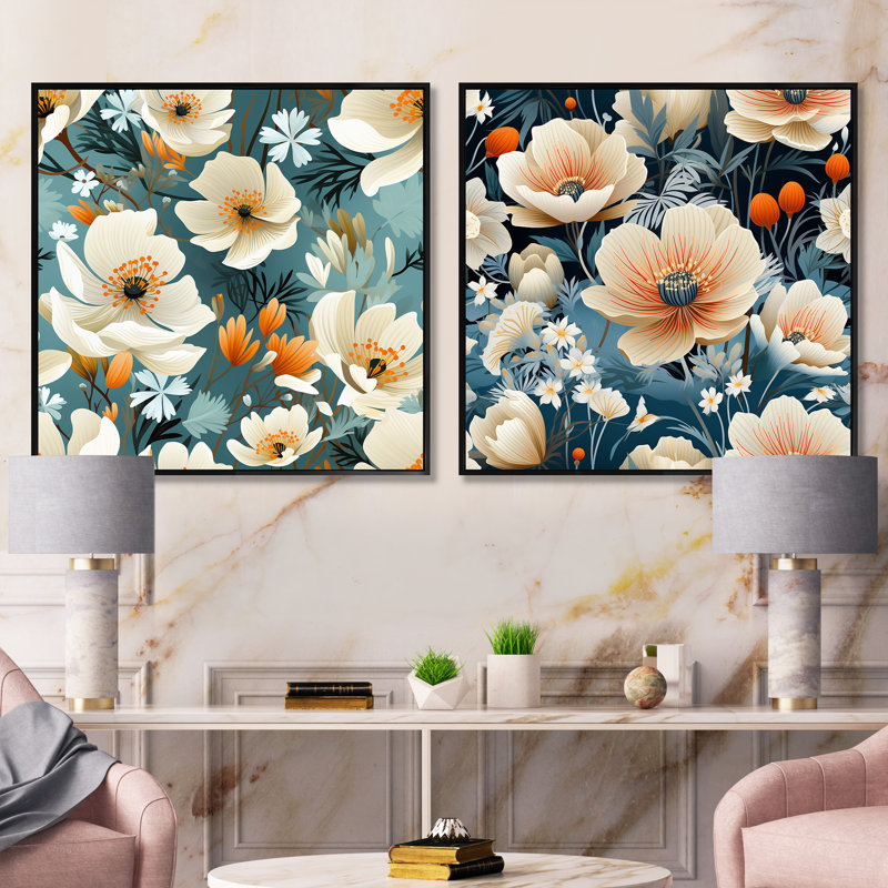 Danielsville - Ensemble de 2 collages carrés floraux, Cadre flottant noir, H 16 po x l 33 po