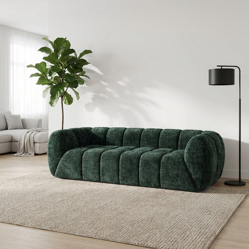 Canapé moelleux en chenille avec siège matelassé et dossier à touches piano, H 24 po x l 86,5 po x P 37,5 po, Vert, 3
