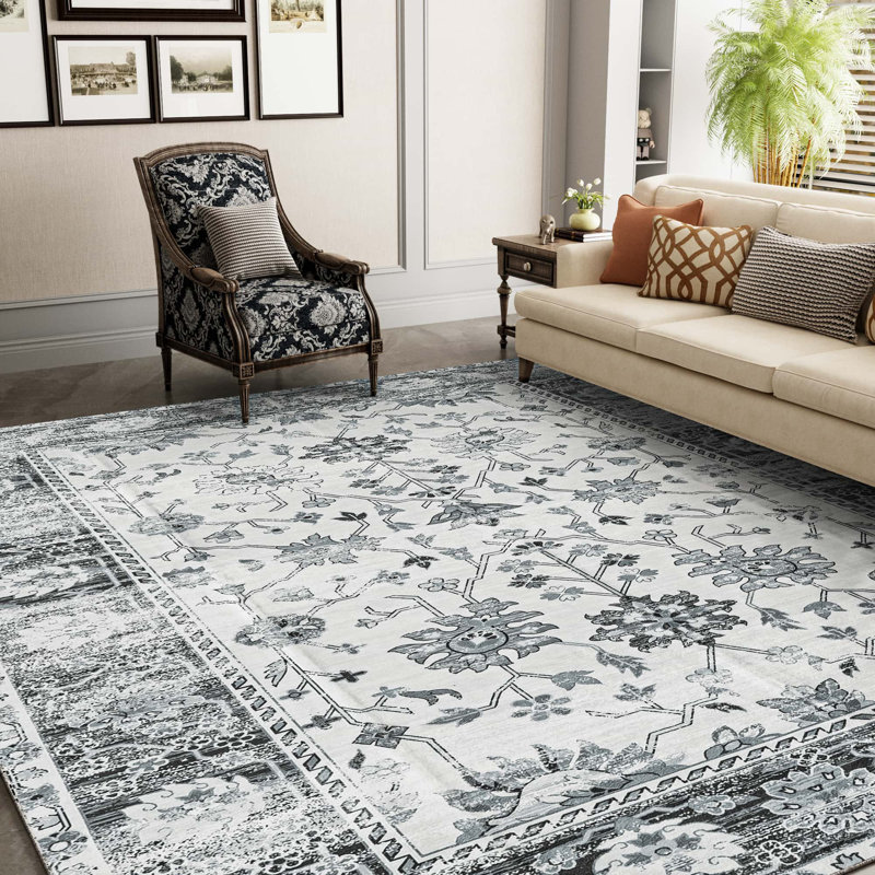 Non-Slip Machine Washable Vintage Area Rug in Grey/Cream for Living Room, Bedroom, Hallway Runner Indoor Rugs