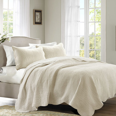 Courtepointe 3 pièces double / grand, conception festonnée, housse en microfibre, bordure réversible pour accessoire de chambre à coucher moderne, rembourrage en coton, lavable à la machine, procurant un sommeil confortable et élégant