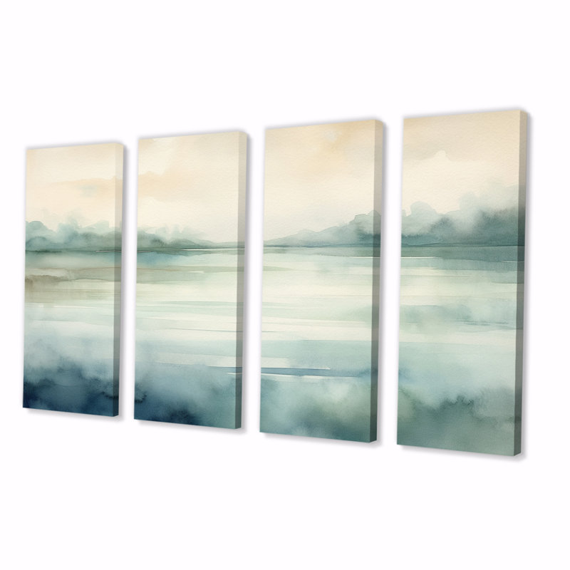 Coucher de soleil sur le lac, aquarelle minimaliste II sur toile 4 pièces