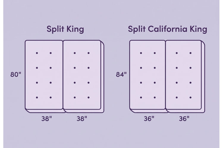 A mattress size comparison diagram illustrating the dimensions of a Split King and a Split California King mattress on a light purple background. The Split King shows two side-by-side mattresses each measuring 38 inches wide by 80 inches long. The Split California King shows two side-by-side mattresses each measuring 36 inches wide by 84 inches long.