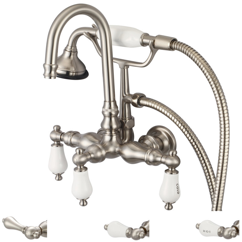 Stonington 3 Handle Wall Clawfoot Tub Faucet, Brushed Nickel, Lever Handles