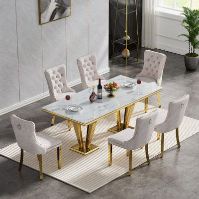 Rectangle Dining Table Set, Faux Marble Dining Table & Velvet Chairs with Stainless Steel Pedestal, 68" Dining Room Table and Chairs Set, Luxury Dining Table Set