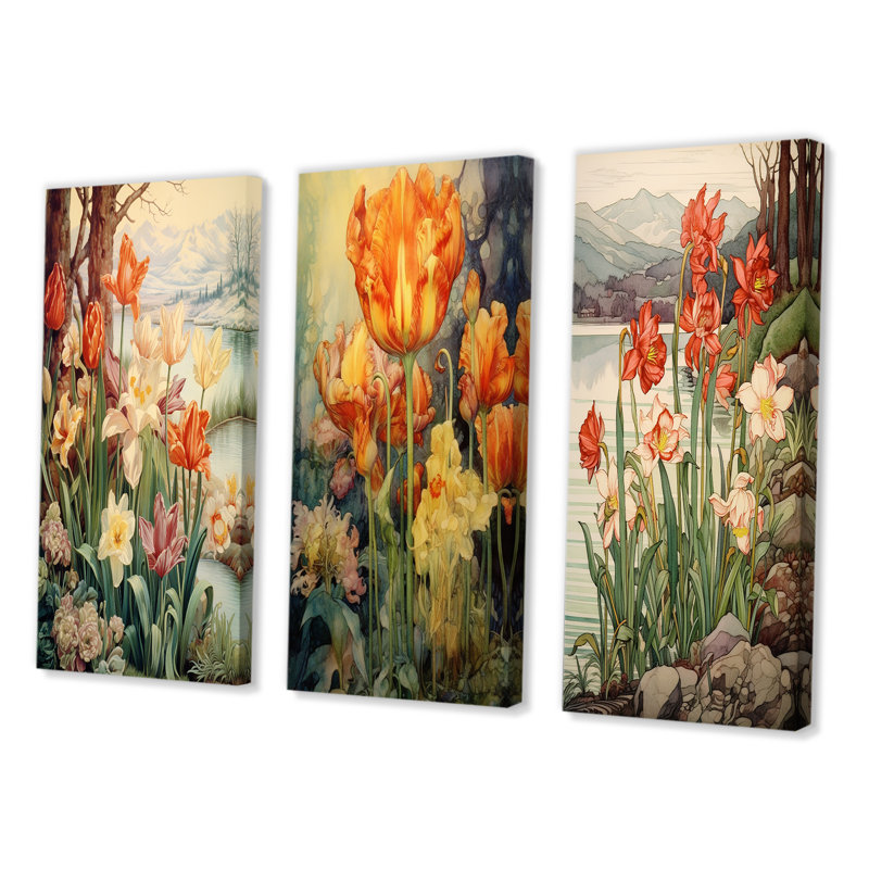 «Red Tulips Blooming Retro Illustration I», 3 pièces sur toile, Toile tendue, H 20 po x l 36 po