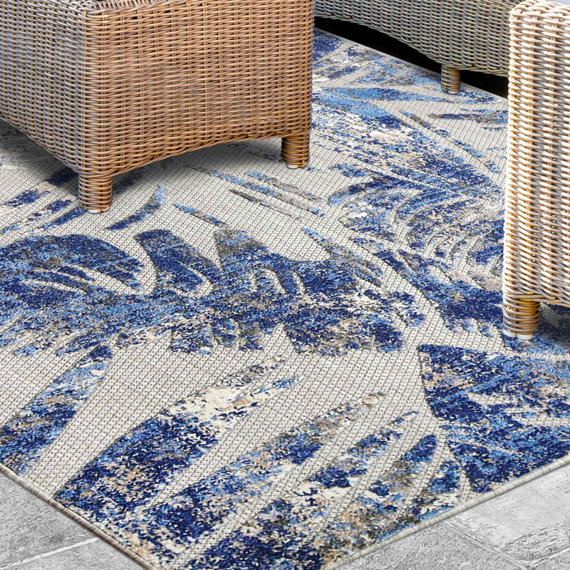 Colne Tropical Leaves Coastal Indoor Outdoor Runner or Area Rug, Rectangle 7'10" x 9'10"