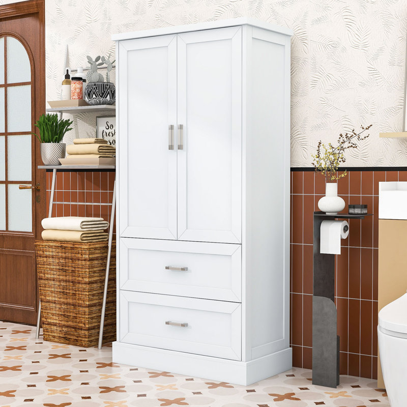 Stylish Freestanding Bathroom Storage Cabinet with Adjustable Shelf, Drawers and Anti-Tipping Design, White