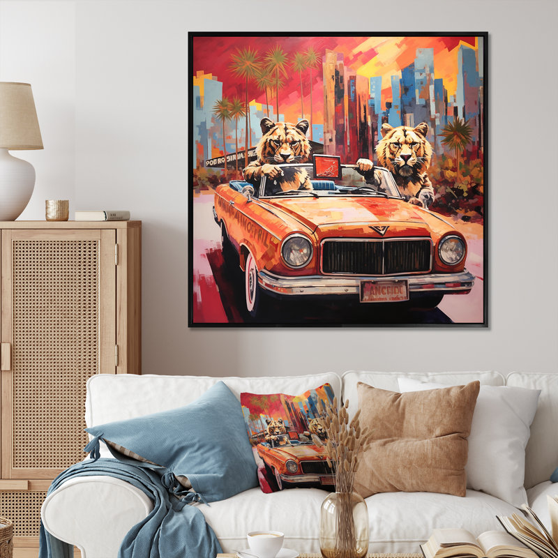 Lions chevauchant un convertible - Art mural lion, Cadre flottant noir, H 30 po x l 30 po x P 1,5 po