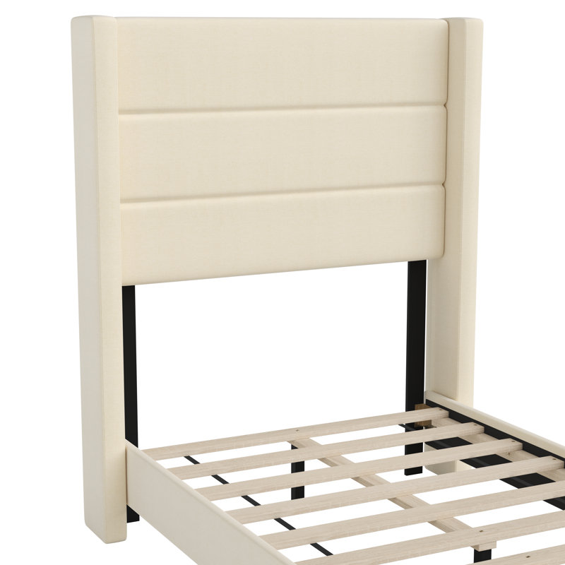 Lit plateforme tapissier avec tête de lit à oreilles et sommier à lattes, Simple, Beige