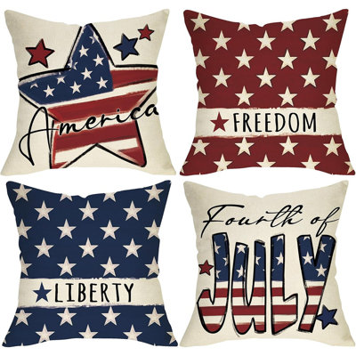 4Th Of July Decorative Throw Pillow Covers 18 X 18 Set Of 4, Patriotic America Stars Porch Outdoor Home Decor, American USA Freedom Liberty Couch Cushion Case