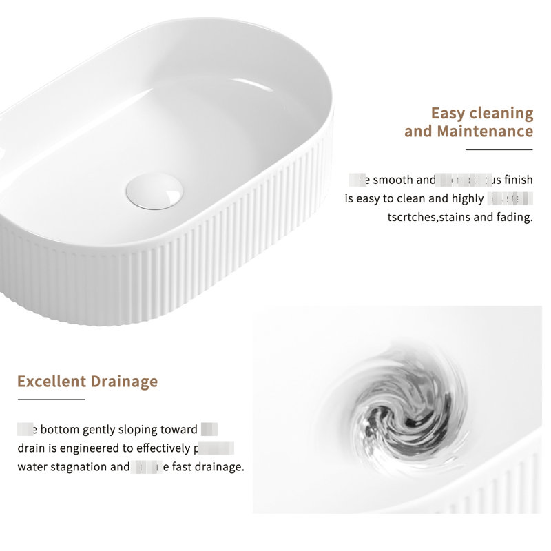 Oval Bathroom Sink, 19 X 12, White Porcelain Vessel, Modern Design With Straight - Line Texture, To Aging 1/4 Wide Above Counter 12 3/8 Deep, For Contemporary Bathrooms
