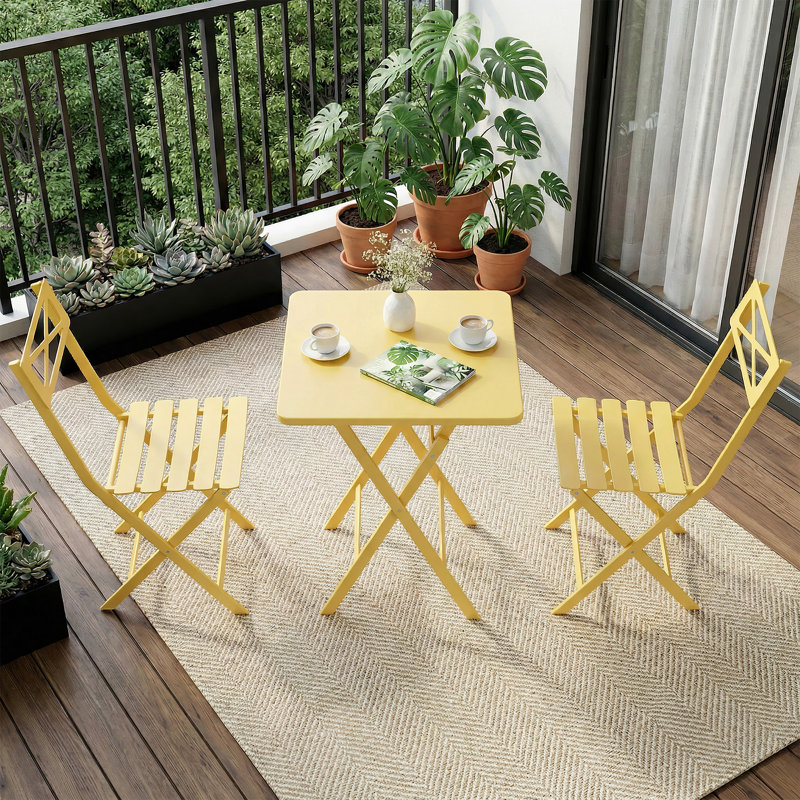 3-Piece Folding Bistro Set - Outdoor Patio Furniture with 2 Chairs & 1 Glass Table, Portable Metal Bistro Set for Balcony, Garden & Yard, Yellow
