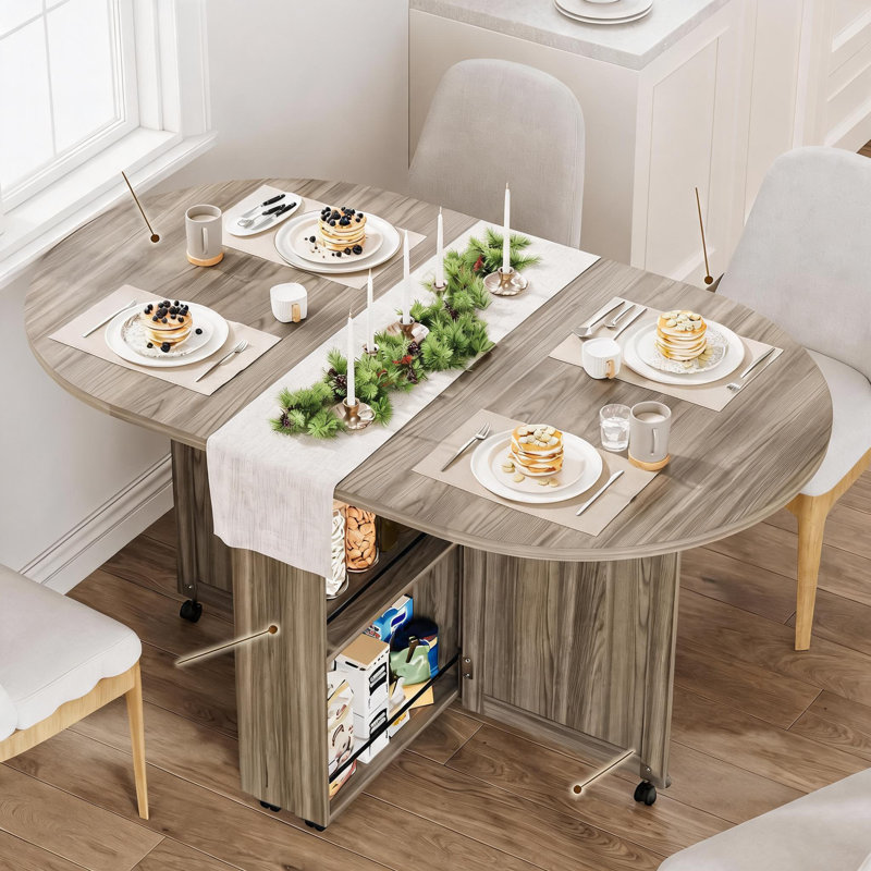 Table de salle à manger ovale pliante 3 en 1 à abattants - Table de cuisine roulante avec roulettes verrouillables - Casier à vin, porte-gobelets et tiroir de rangement - Gain de place pour les petits appartements/camping-cars