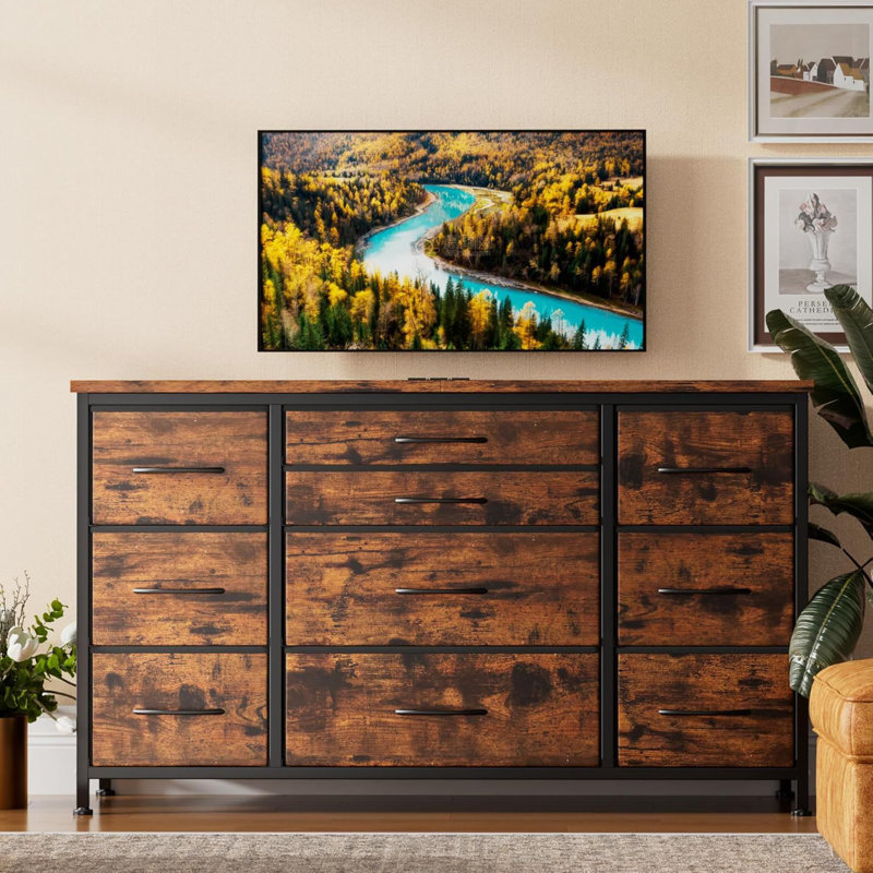 Grande commode moderne à 10 tiroirs pour meuble télé de 55 po de long avec cadre en métal avec prises de courant et armoire de rangement en tissu pour le couloir d'entrée de la chambre à coucher