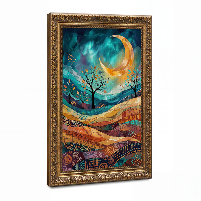 «Teal and Orange Crescent Moon», art mural sur toile, H 24 po x l 16 po