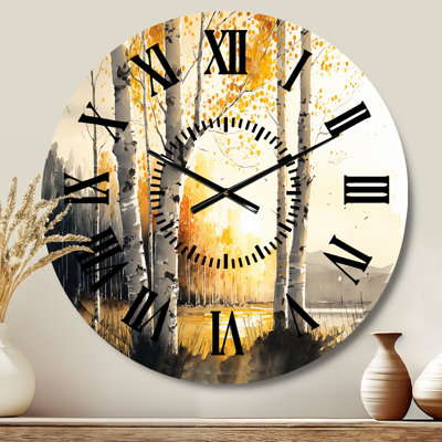 Birch Trees During Golden Hour By The Lakeside III - Landscape Forest Black Face Wall Clock