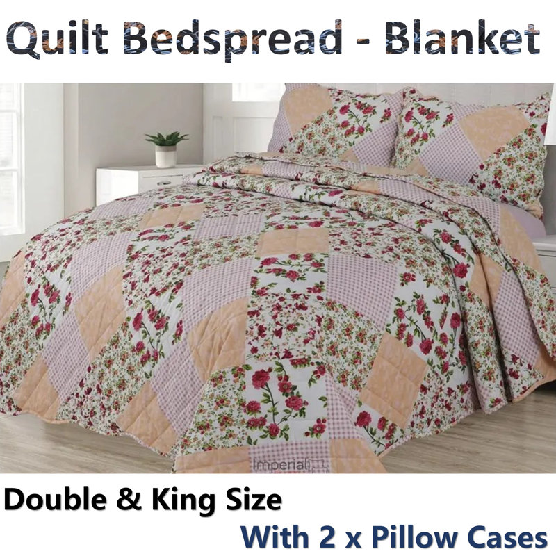 Cotton Blend Floral Bedspread with Pillowcases, Full / Double