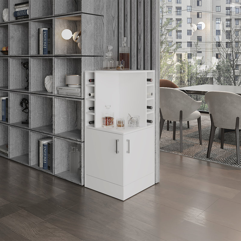 Modern White 43" Tall Bar Cabinet - Corner With 8 Wine Bottle And Storage 42" Double Door, White