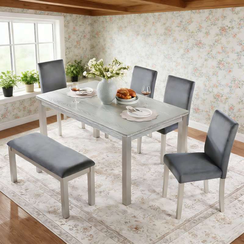 6 pièces en bois avec 4 chaises rembourrées et banc Renfroe