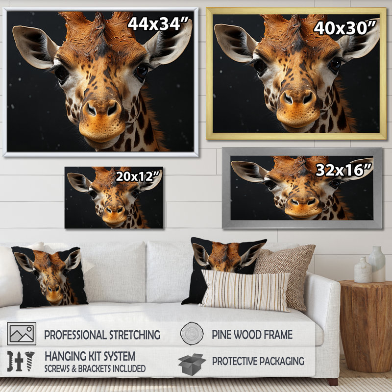 Portrait de girafe noir et blanc II - impression, Cadre doré simple, H 30 po x l 40 po x P 1,5 po