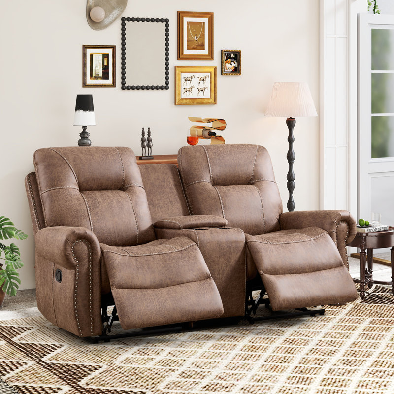 76.77'' Wide Classic Microfiber Upholstered Manual Reclining Loveseat With Center Console And Nailhead Trim