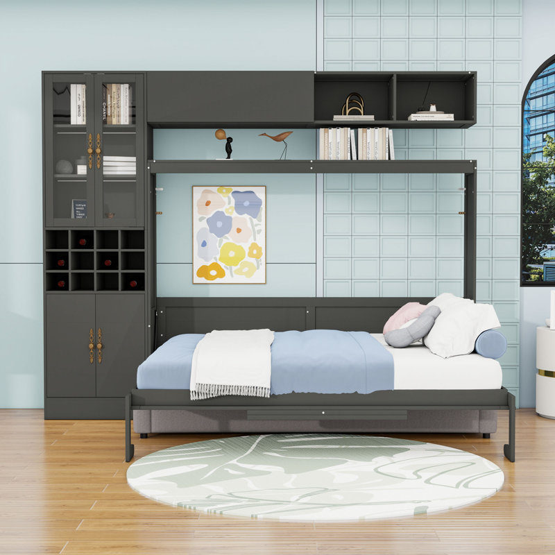 Lit escamotable avec canapé Murphy, tablettes, ports USB et lumières, conception multifonctionnelle, Gris, Double