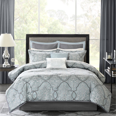 12 Piece Blue King Comforter Collection - Cotton Sheet , Comforter, Shams, Decorative Pillows, Bed Skirt And Soft Texture Luxury Bedding With Items Sheets, Elegant Style, Machine Washable