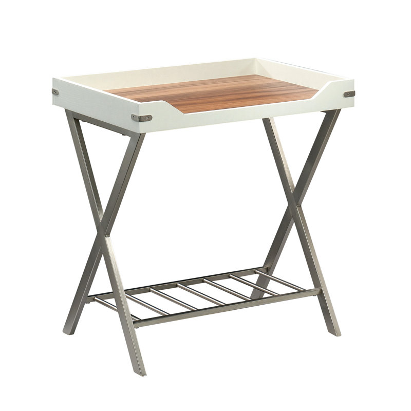 Table d'appoint rectangulaire blanche avec structure en métal, plateau attaché et tablette inférieure pour le rangement intérieur