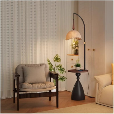 Iron Floor Lamp With Walnut Frame, Integrated Retro Multifunctional Lighting For Living Room And Bedroom Shelves