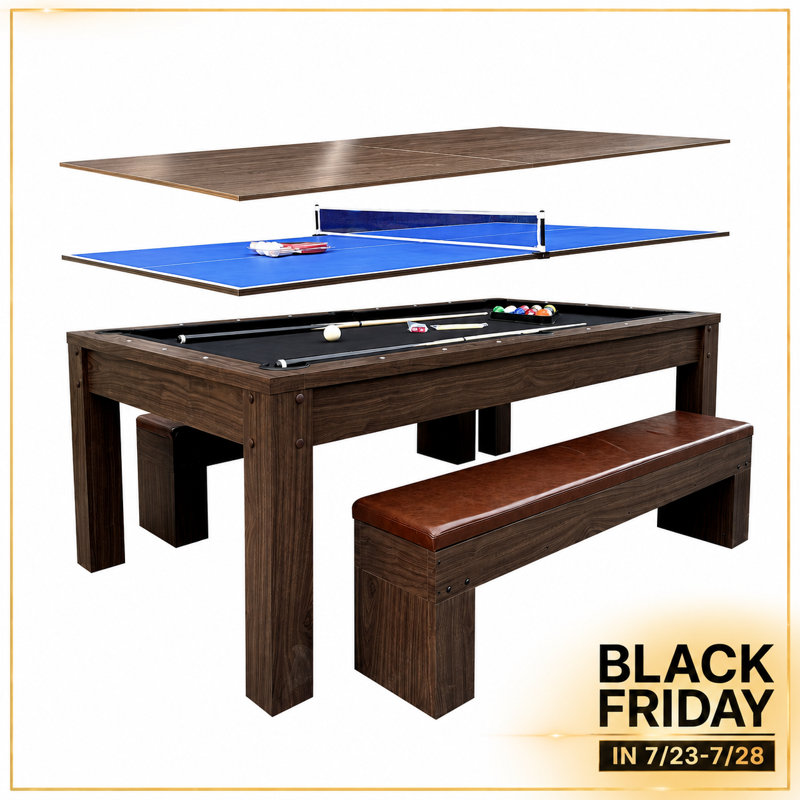 7Ft 3-in-1 Multi Game Table – Pool, Ping Pong & Dining Table with 2 Padded Storage Bench