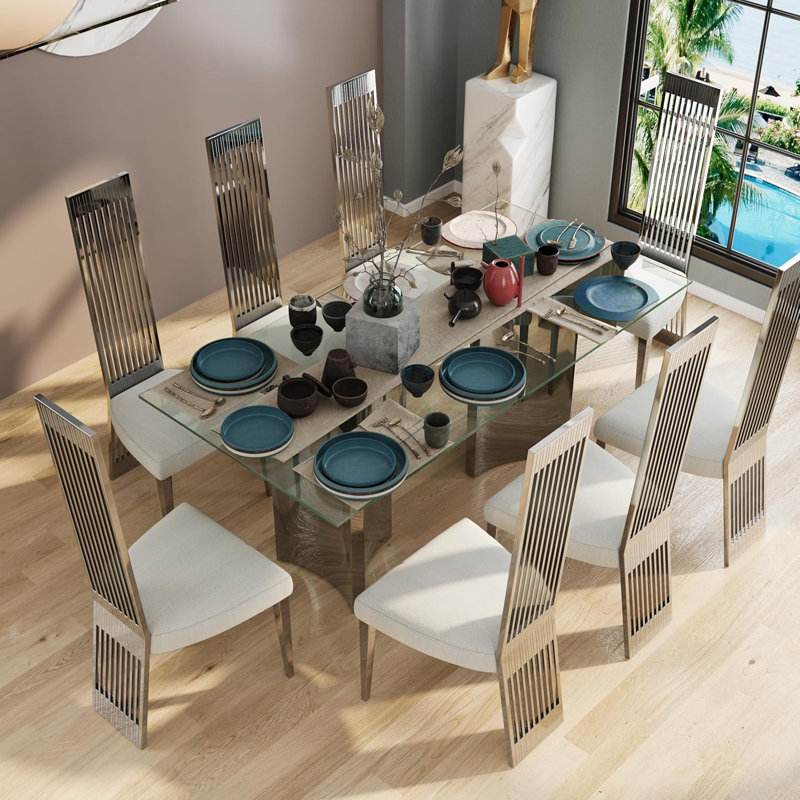 78" Glass Top Metal Base Dining Table, 30" H x 70" L x 35" W