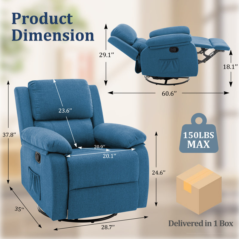 KORSER Recliner Chair, Manual Recliner, 360 Swivel Recliners For Small Spaces ,Rocker Recliner With Side Pockets