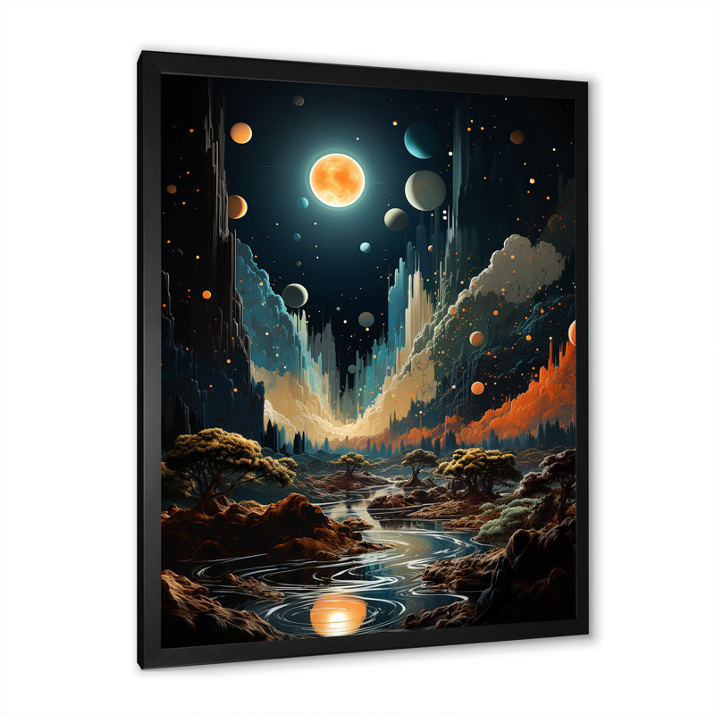 Cosmic Space Odyssey - Art mural plage, Cadre simple noir, H 32 po x l 16 po x P 1 po