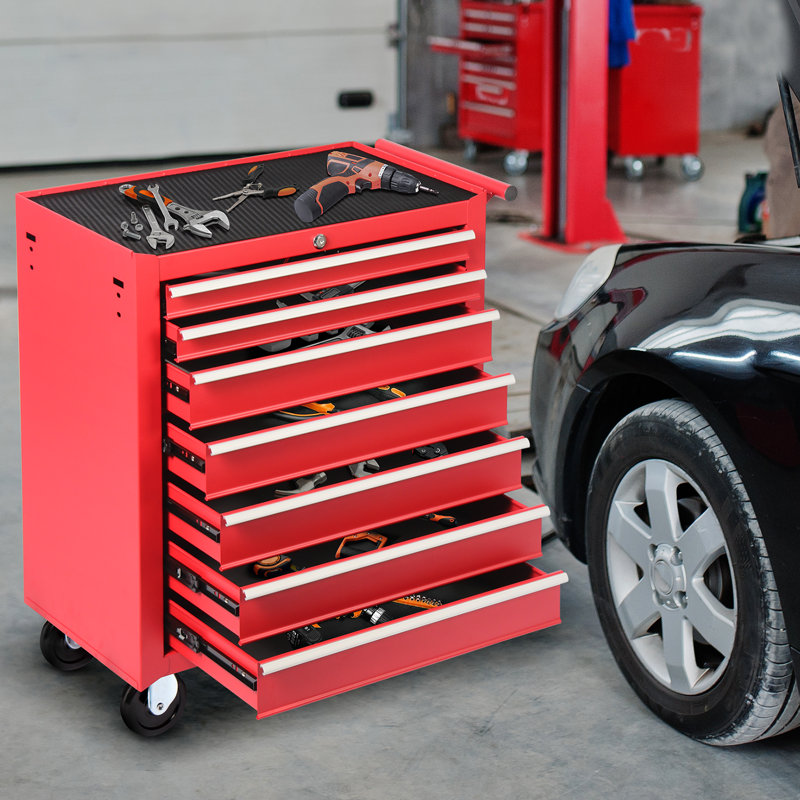 Coffre à outils roulant 7 tiroirs, coffre à outils verrouillable avec roulettes verrouillables, coffre à outils en métal de grande capacité avec tiroirs, coffre à outils pour garage atelier, rouge