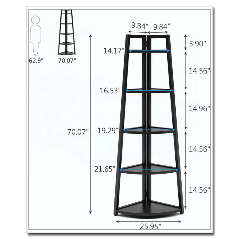 70.07" Tall Corner Shelf, 5 Tier Rustic White Corner Bookshelf Bookcase Industrial Corner Ladder Shelf, Black
