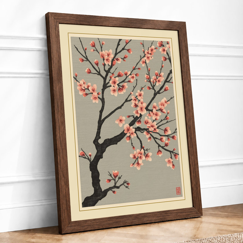 Moonlit Cherry Blossom Japandi - Framed Print, A3 - 42.0 x 29.7 cm, Walnut