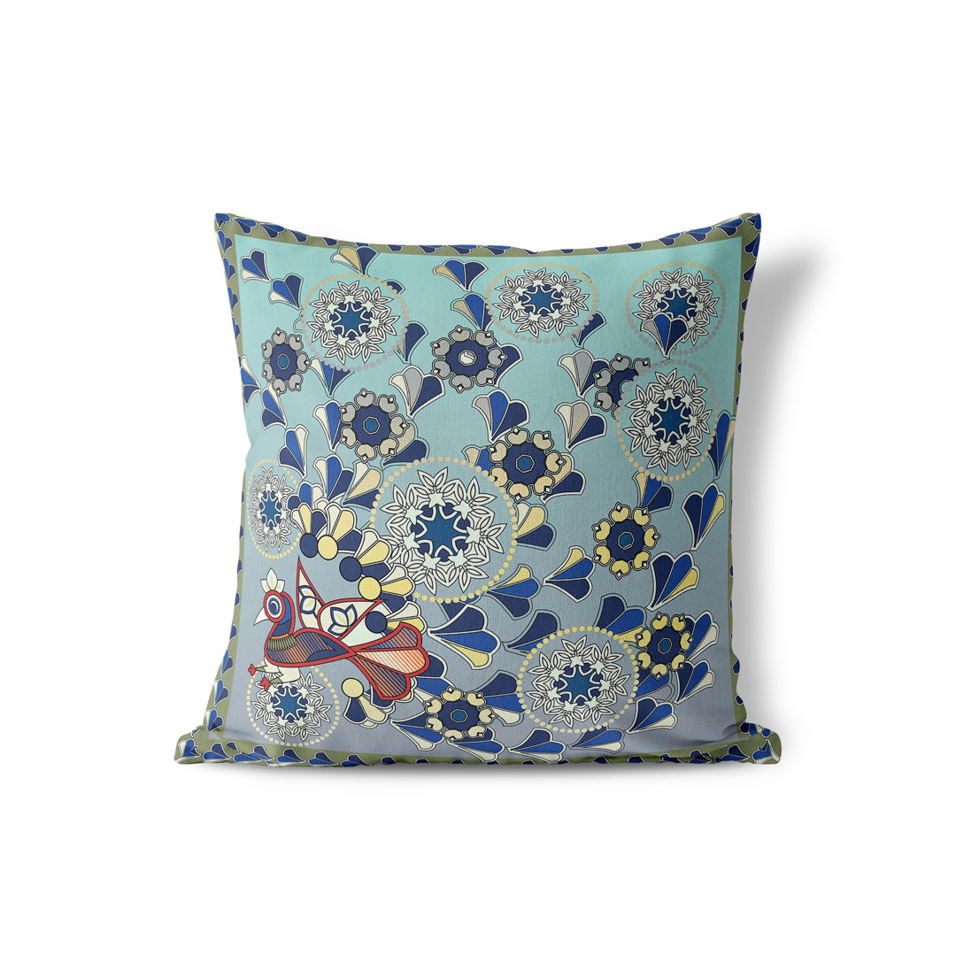 Leafy Peacock Circles Indoor / Outdoor Floral Square Cushion With Filling