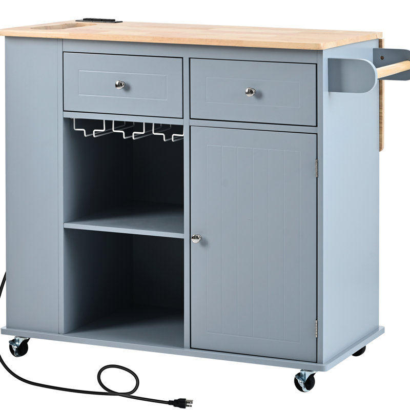 Îlot de cuisine gris-bleu avec prise de courant et cadre pliable, 5 roulettes, rangement ouvert, support à vin pour abattant, bleu, 5 roues