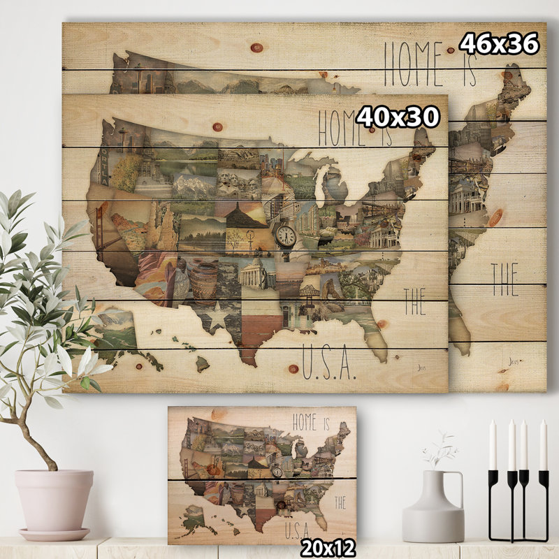 « instastates monuments map », impression sur bois, H 36 po x l 46 po x P 1,5 po